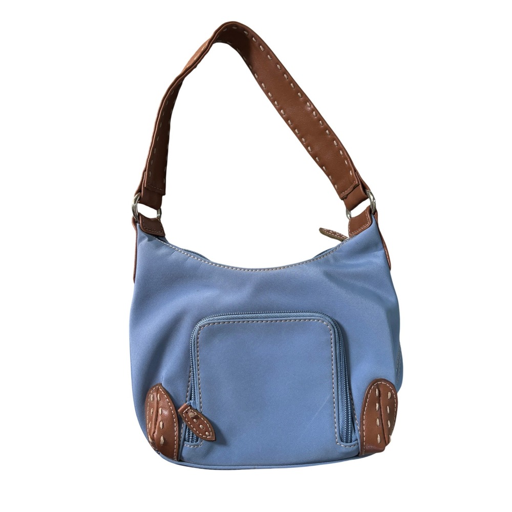 Y2K Nine West Light Blue Nylon Hobo Shoulder Bag Brown Whipstitch Trim Small